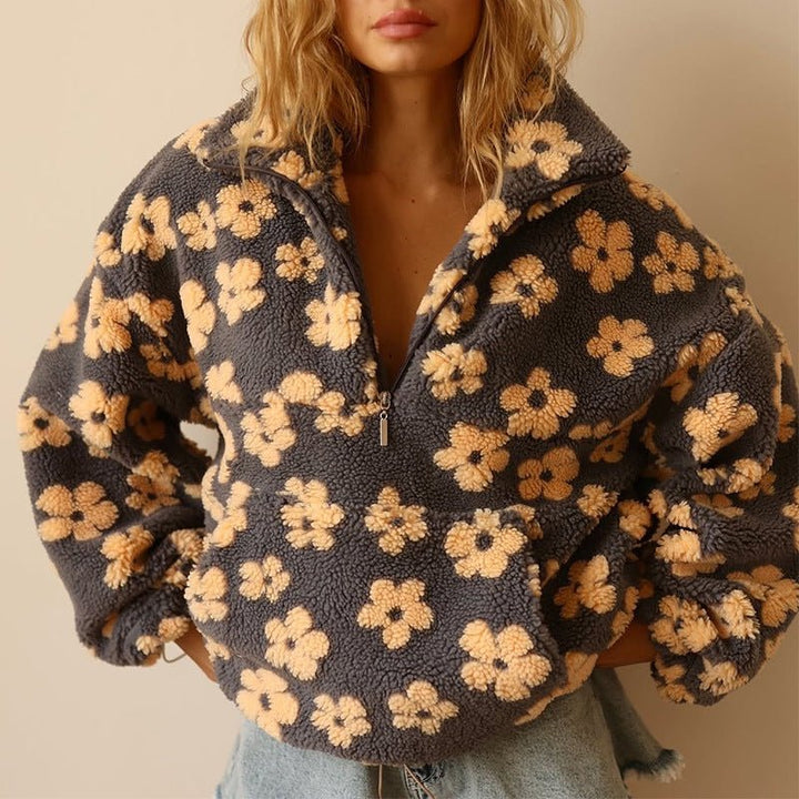 Grace | Oversize-Pullover aus Teddy-Fleece mit Blumenmuster und halbem Reißverschluss für Damen 0