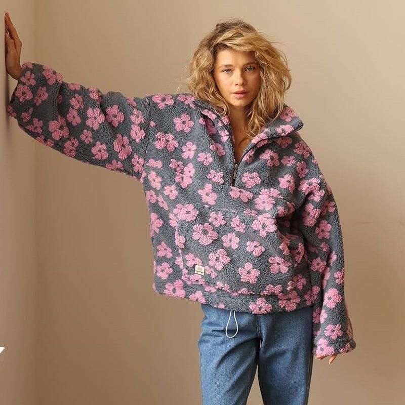 Grace | Oversize-Pullover aus Teddy-Fleece mit Blumenmuster und halbem Reißverschluss für Damen 4