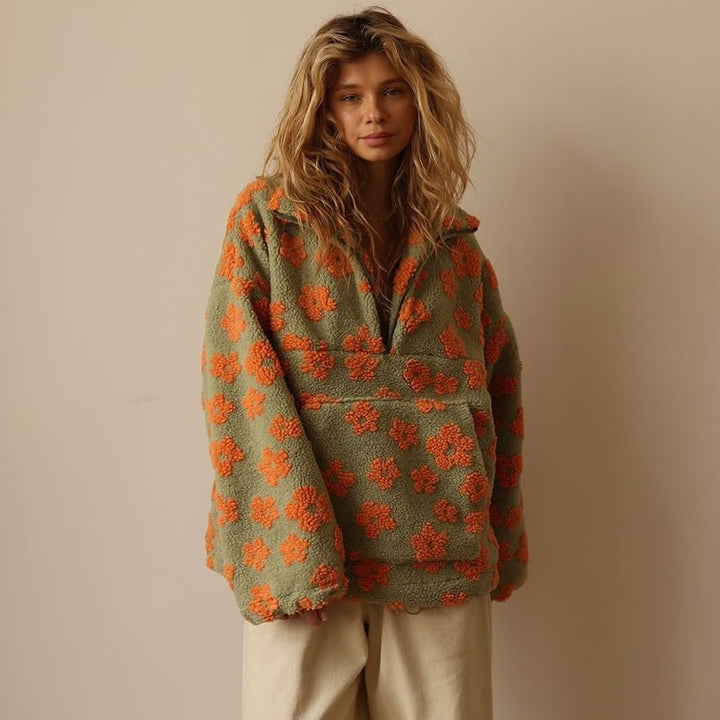 Grace | Oversize-Pullover aus Teddy-Fleece mit Blumenmuster und halbem Reißverschluss für Damen 6