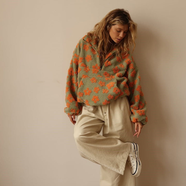 Grace | Oversize-Pullover aus Teddy-Fleece mit Blumenmuster und halbem Reißverschluss für Damen 7