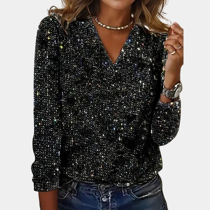Heidi-Mode | Glamouröses, Glitzerndes Damen Top Schwarz mit V-Ausschnitt 0