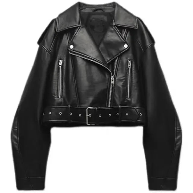 Hera | Kurze, Stilvolle Bikerjacke für Damen – Schwarze Lederjacke mit Gürtel 0