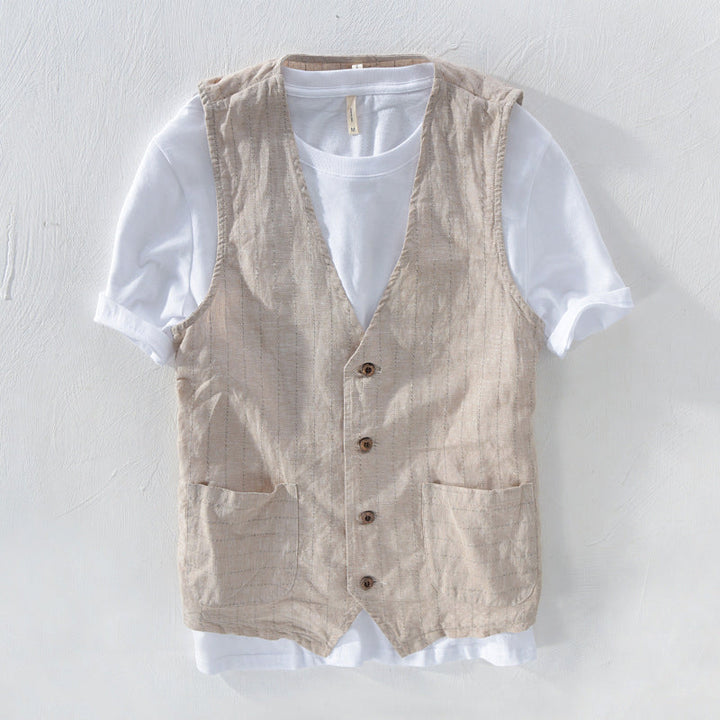 Herren Weste Gestreift Leinen-Look 0
