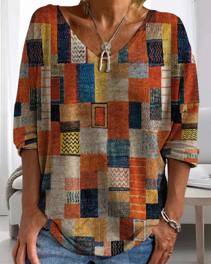 Imogen | Farbenfrohe Damenbluse mit V-Ausschnitt und 3/4-Ärmeln, Patchwork-Design 2