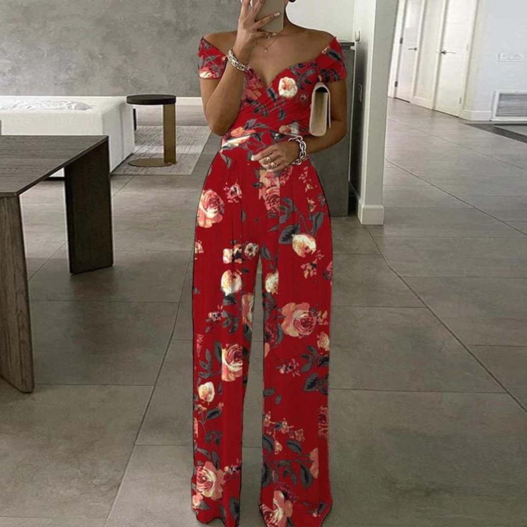 Isla | Eleganter, Schulterfreier Jumpsuit Damen mit Weitem Bein und Blumendruck 2