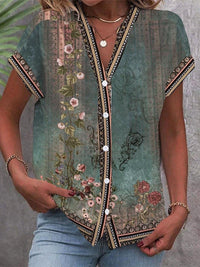 Amalia | Boho Blouse with Floral Pattern and V-Neck