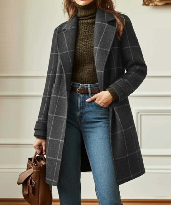 Kendra | Eleganter, Warmer Langer Damen Mantel – Zeitloser Winterlook im Karomuster 2