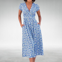 Clara | Elegantes V-Ausschnitt Midikleid mit Blütendruck