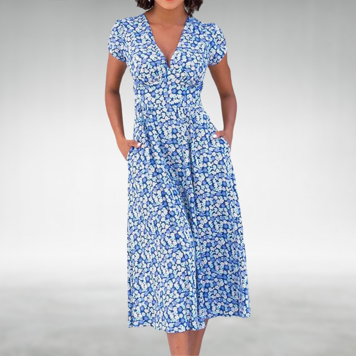 Kira | Elegantes Midikleid Sommer – Floraler Druck &amp; V-Ausschnitt für Damen 0