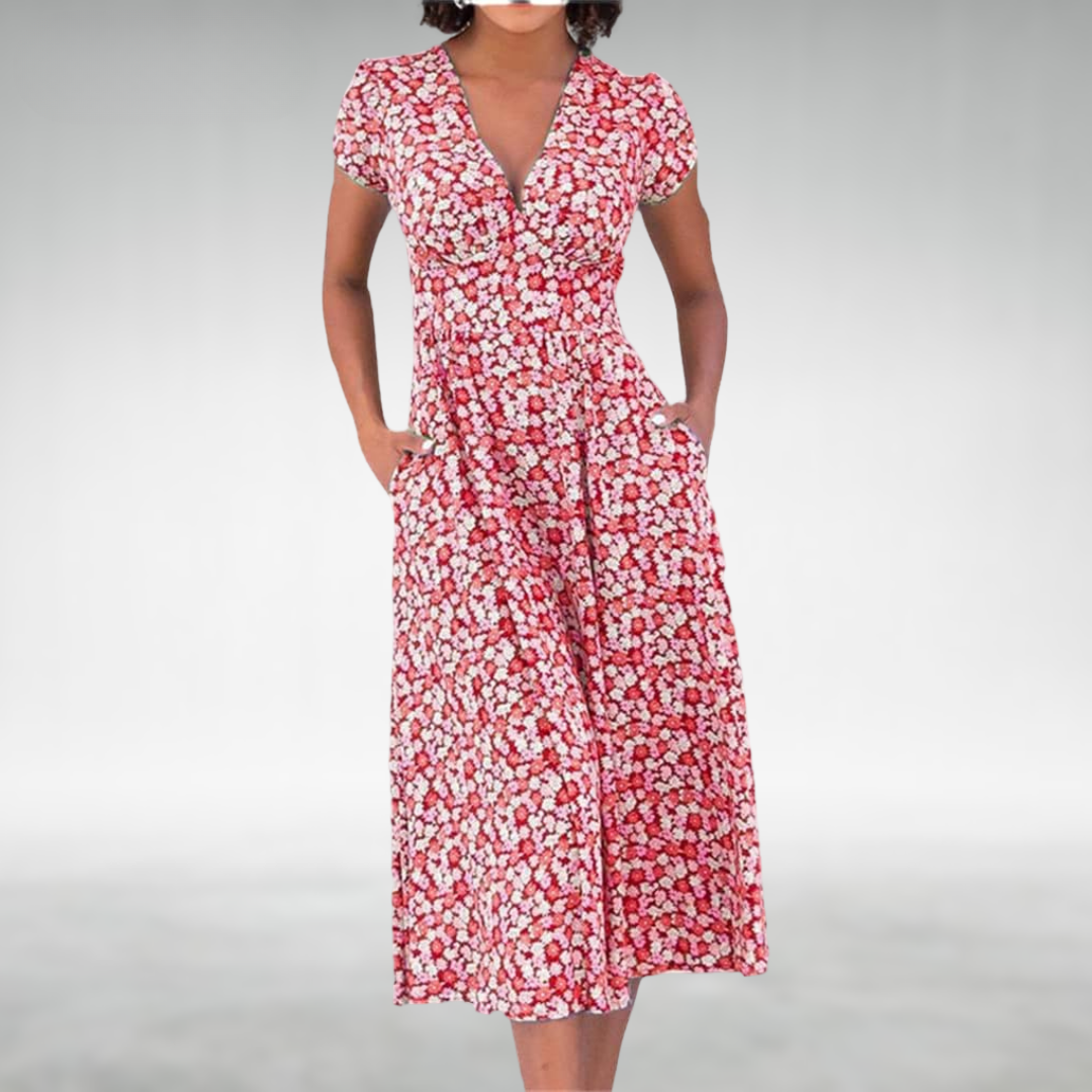 Kira | Elegantes Midikleid Sommer – Floraler Druck &amp; V-Ausschnitt für Damen 1