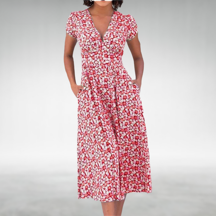 Kira | Elegantes Midikleid Sommer – Floraler Druck &amp; V-Ausschnitt für Damen 1