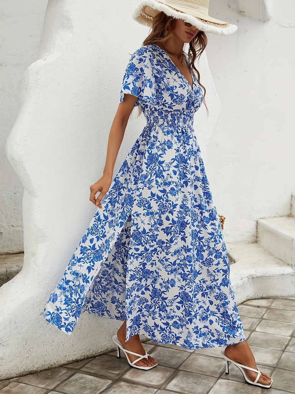 Lilia | Elegantes, Blumenmuster &amp; V-Ausschnitt Maxikleid 4