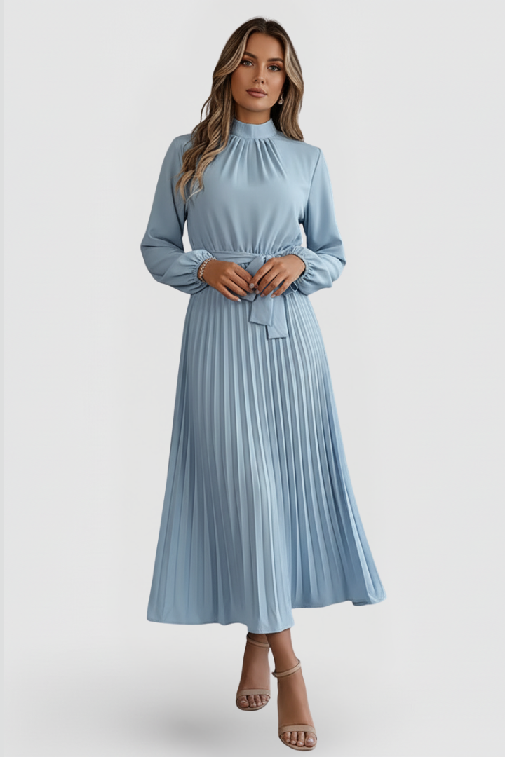 Lina | Elegantes, Plissiertes &amp; Vielseitiges Midikleid mit Stehkragen 0