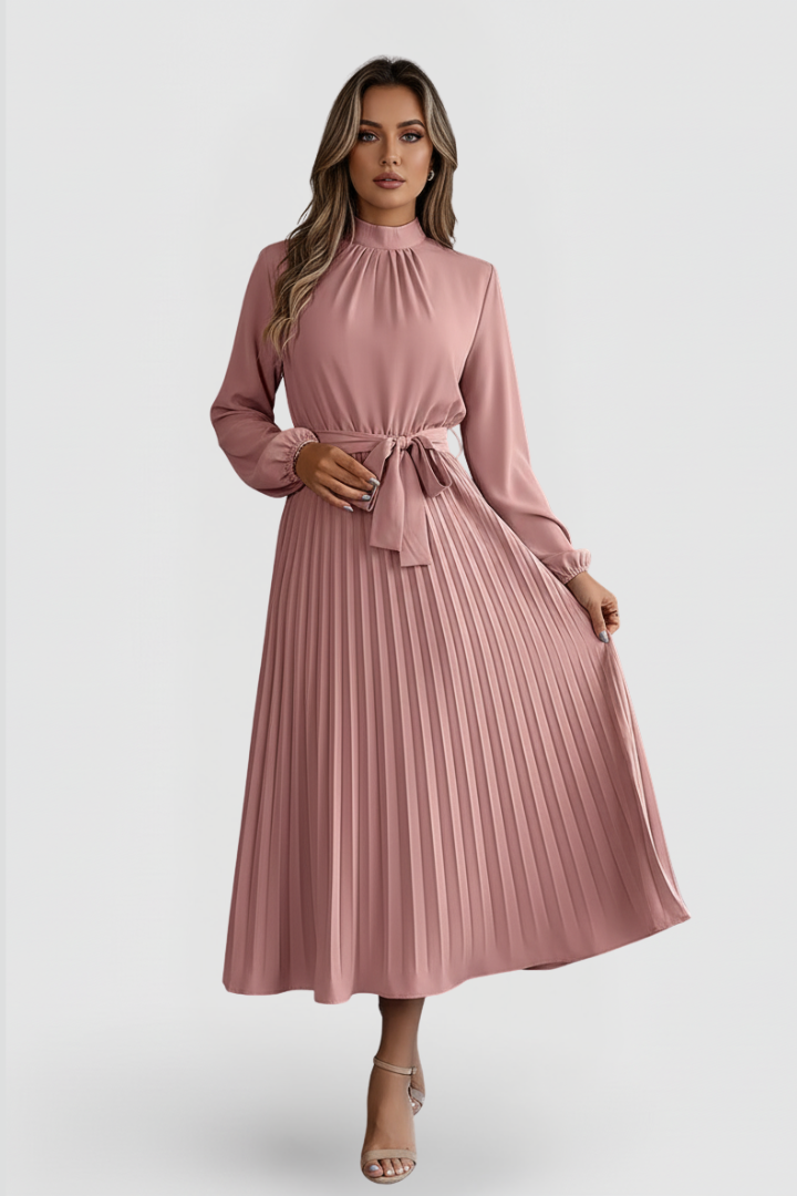 Lina | Elegantes, Plissiertes &amp; Vielseitiges Midikleid mit Stehkragen 7