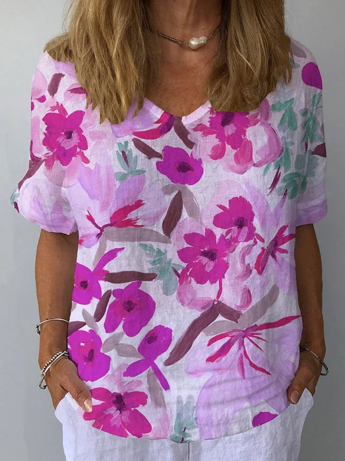Lina | Entspanntes V-Ausschnitt Damenbluse mit Retro-Blumenprint 3