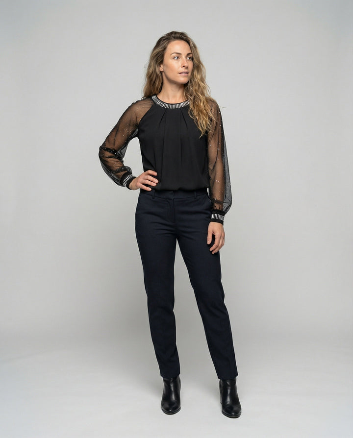 Livia Glam | Elegantes Pailletten Top mit Transparente Ärmel 0