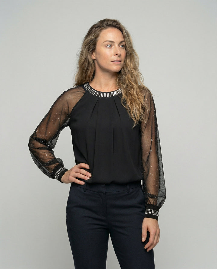 Livia Glam | Elegantes Pailletten Top mit Transparente Ärmel 1