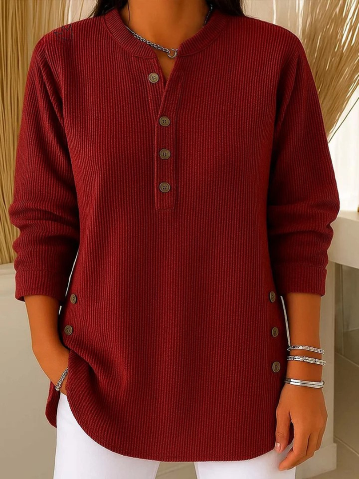 Livia | Bequemes Langarm Henley-Oberteil mit Rippstruktur 1