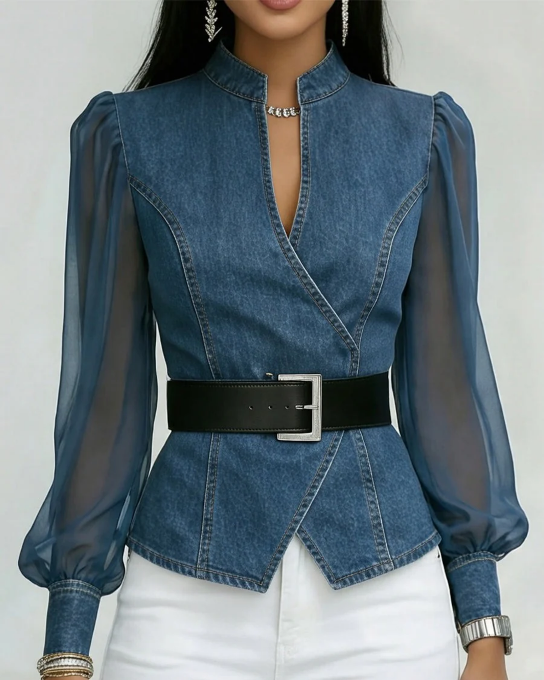 Livia | Elegant Slim Fit Jeansoberteil mit Chiffonärmeln 0