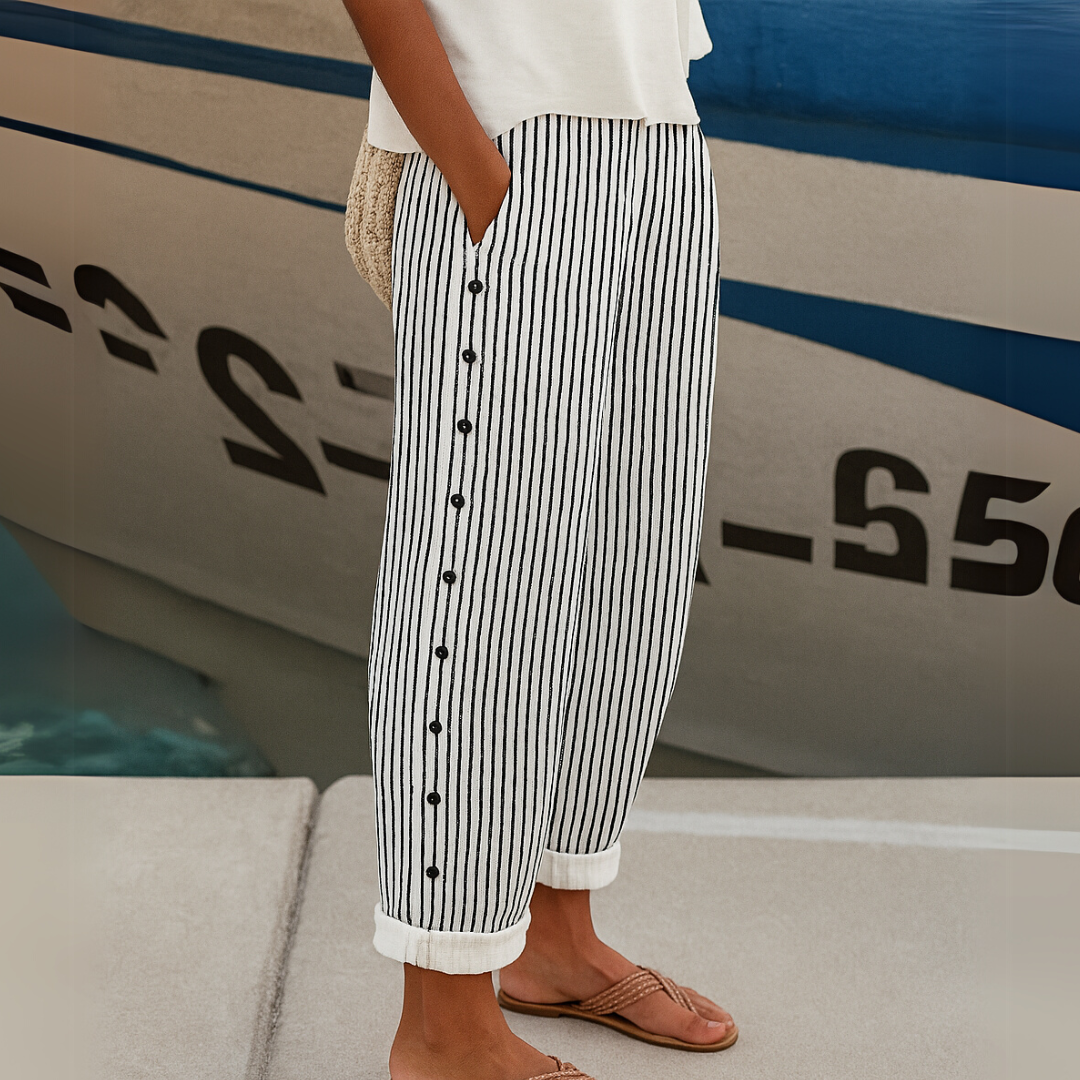 Livia | Elegante Hochtaillierte Gestreifte Knopfhose 0