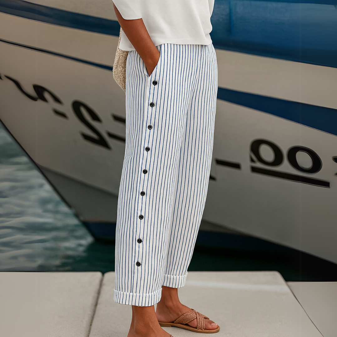 Livia | Elegante Hochtaillierte Gestreifte Knopfhose 3