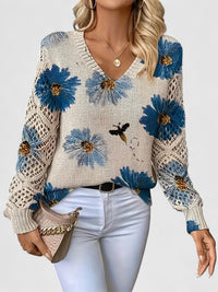Katrin | Eleganter Blumen-Strickpullover Mit V-Ausschnitt