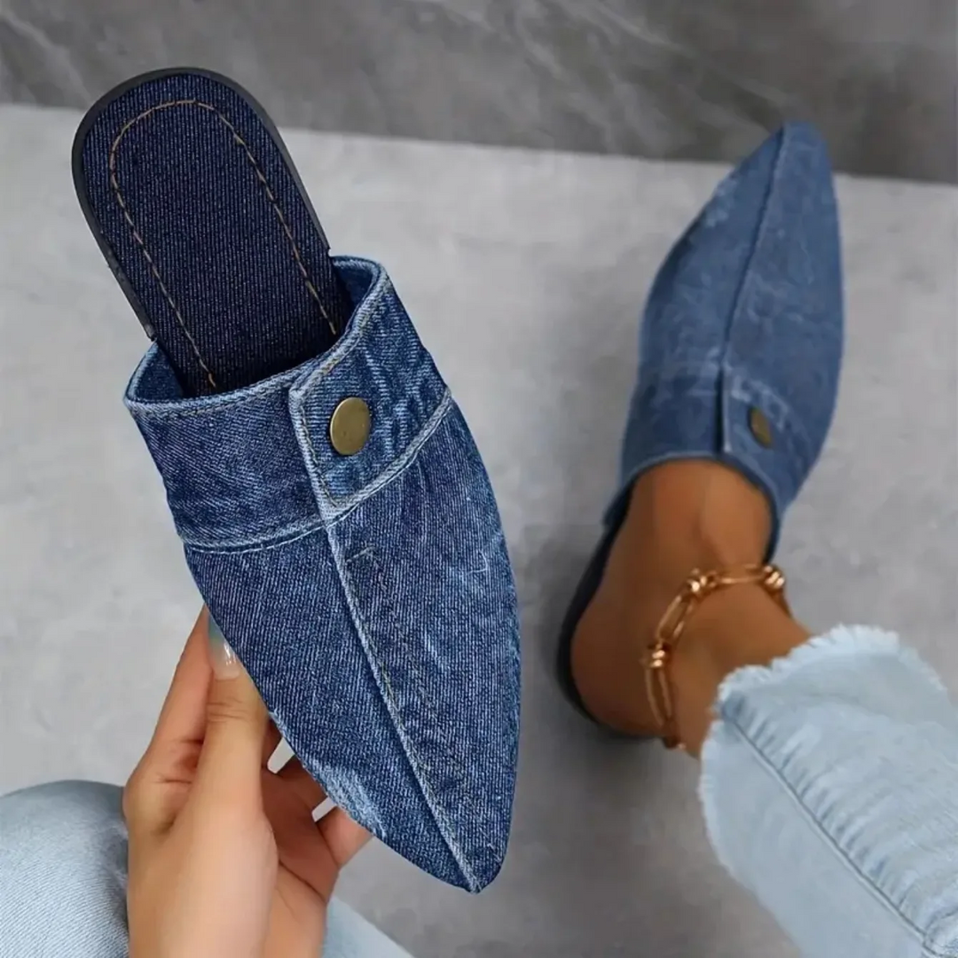 Luna | Elegante, Strukturierte Denim-Mule-Flats mit Spitzem Zehenbereich 2