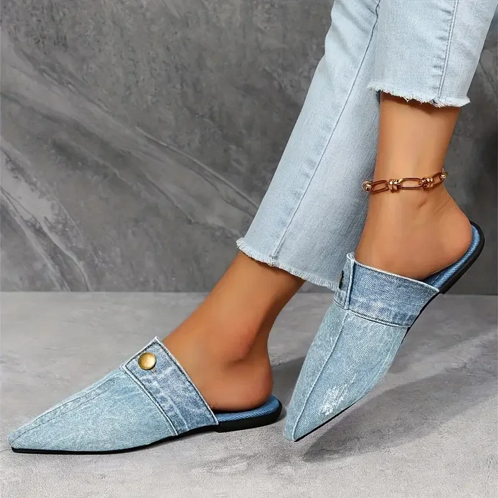 Luna | Elegante, Strukturierte Denim-Mule-Flats mit Spitzem Zehenbereich 3