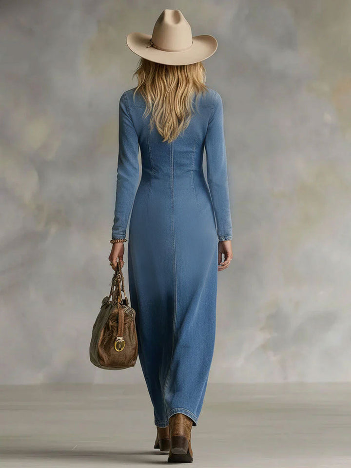 Luna | Elegantes Maxikleid Langarm mit V-Ausschnitt und Knopfleiste für Damen 4