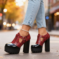 Sophia | Plateau Blockabsatz Mary Jane Pumps mit Krokoprägung