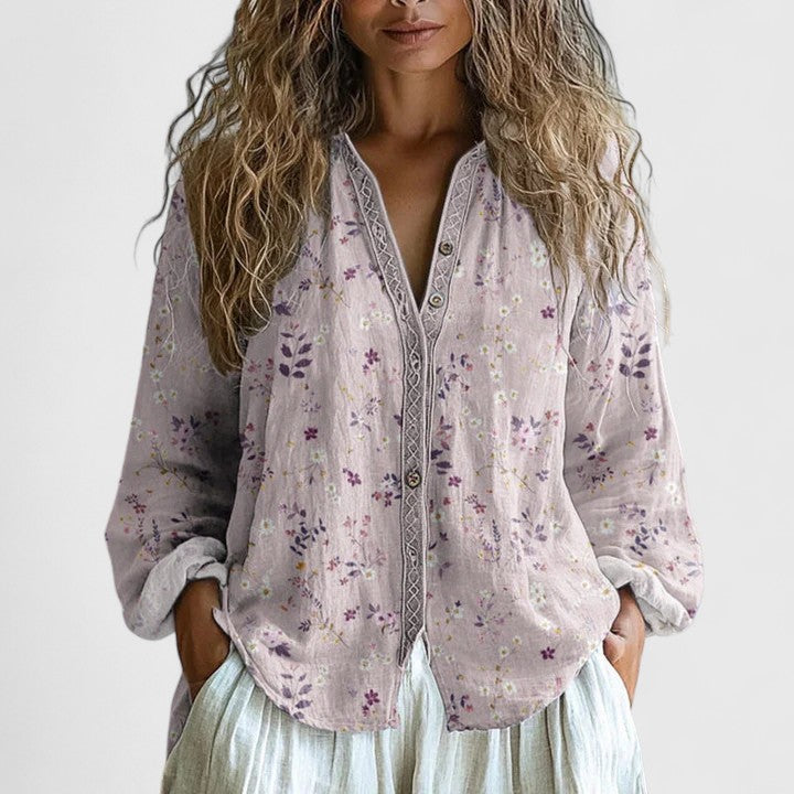 Mira | Bequeme, Elegante Damenbluse mit Retro-Blattdruck für Festliche Anlässe 1