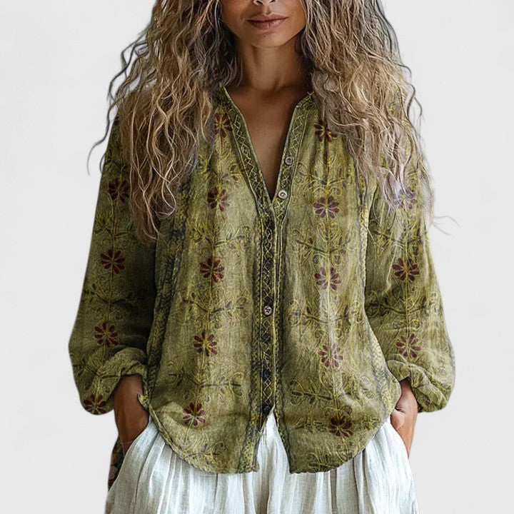 Mira | Bequeme, Elegante Damenbluse mit Retro-Blattdruck für Festliche Anlässe 2