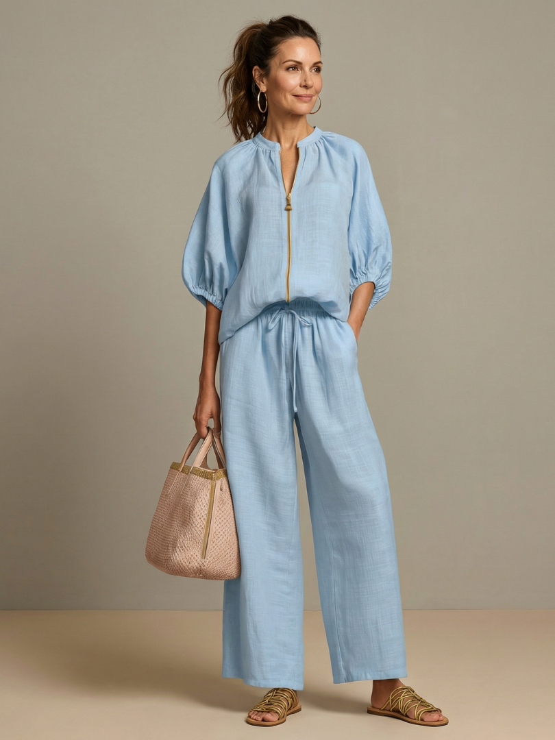 Olivia | Elegantes, Atmungsaktives Damen Set – Bluse & Weitbein-Hose im Twin Set Design 0