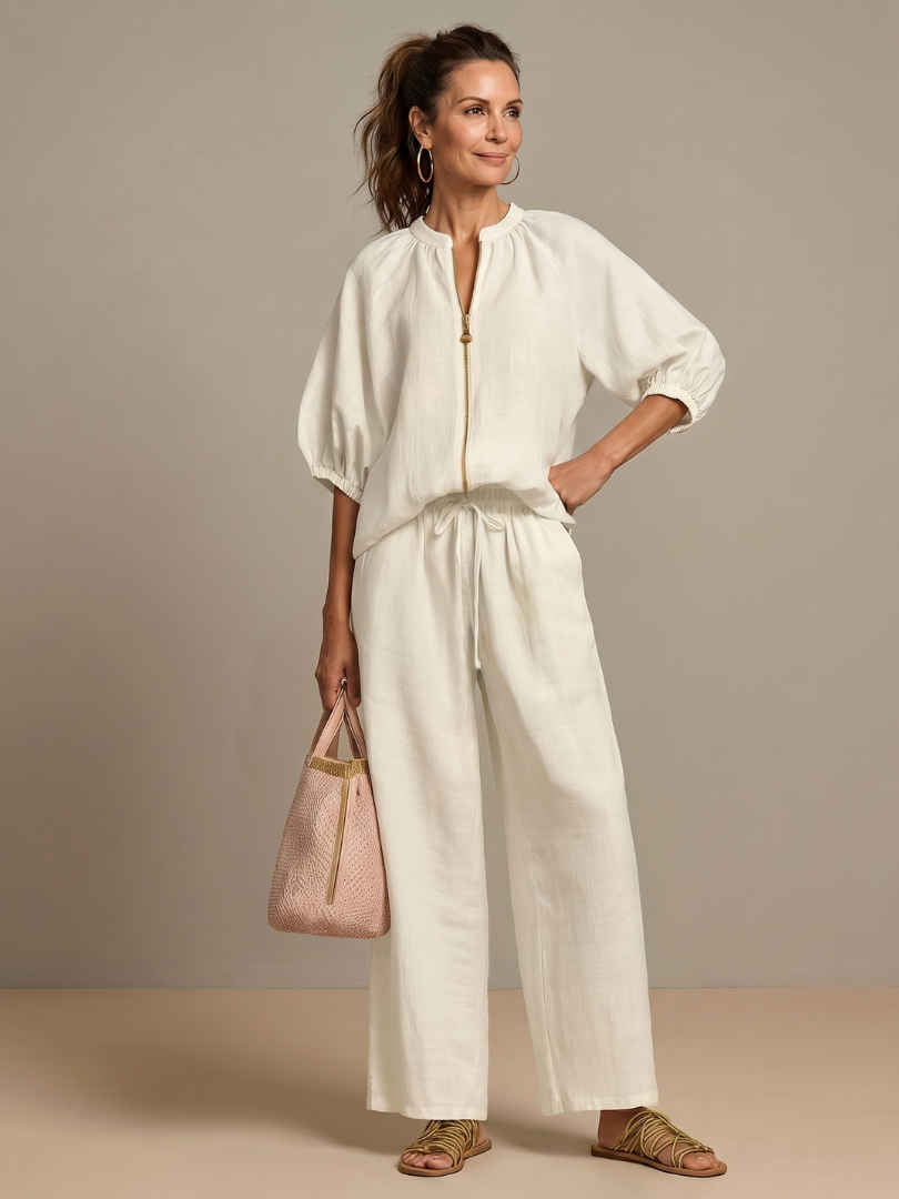 Olivia | Elegantes, Atmungsaktives Damen Set – Bluse & Weitbein-Hose im Twin Set Design 8