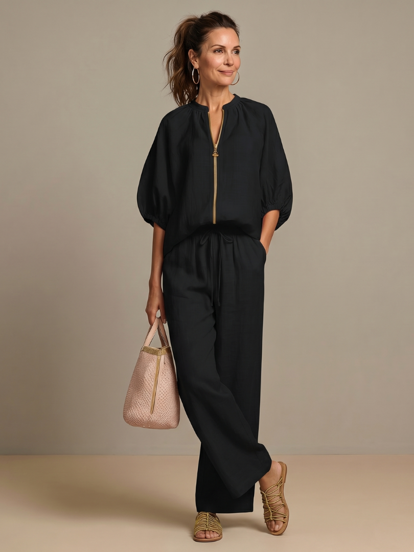 Olivia | Elegantes, Atmungsaktives Damen Set – Bluse & Weitbein-Hose im Twin Set Design 9