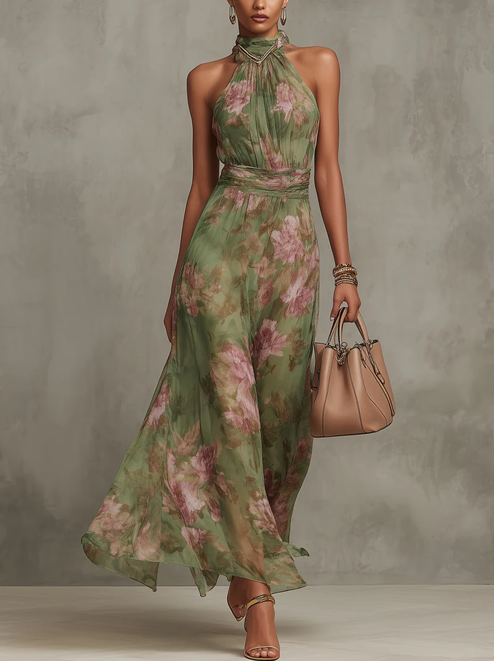 Sandra | Bequemes und Blumenmuster Neckholder-Ausschnitt Sommer Maxikleid 0