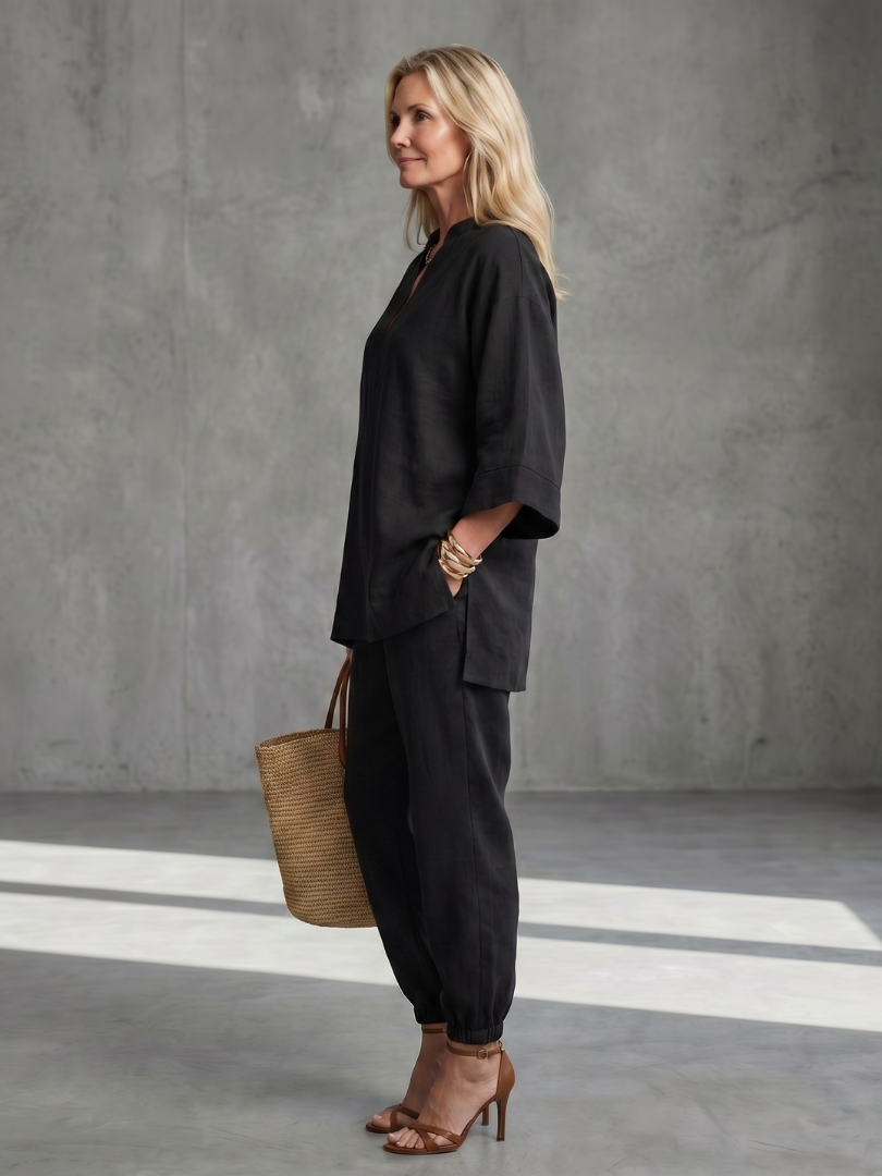 Sarina | Leicht, Elegant &amp; Lässig Tunika-Set mit V-Ausschnitt und Hose 5