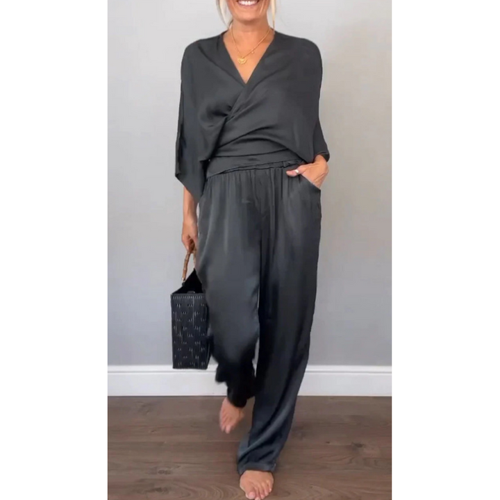 Sienna | Elegantes Loungewear Set Damen – Bequemes Wickeloberteil & Weite Hose 0