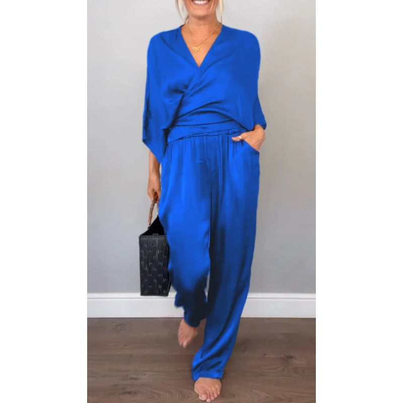 Sienna | Elegantes Loungewear Set Damen – Bequemes Wickeloberteil & Weite Hose 1