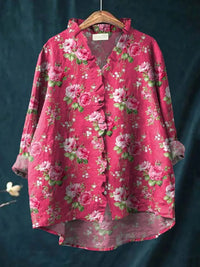Livia | Airy Linen Blouse with Rose Pattern and Ruffles