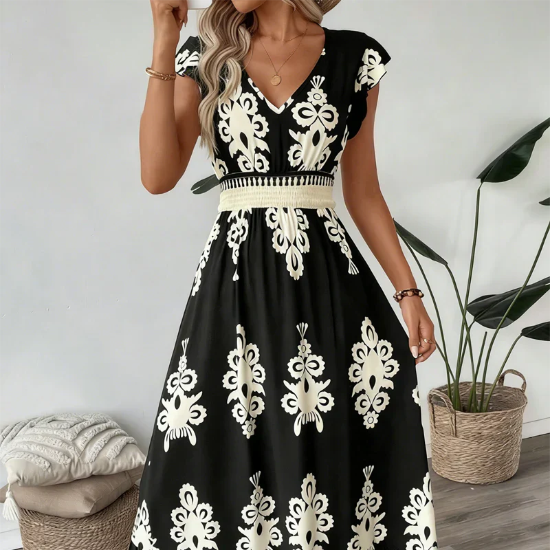 Vera | Elegantes Festliches Kleid für Damen – Fließendes Midi mit V-Ausschnitt und Allover-Print 0