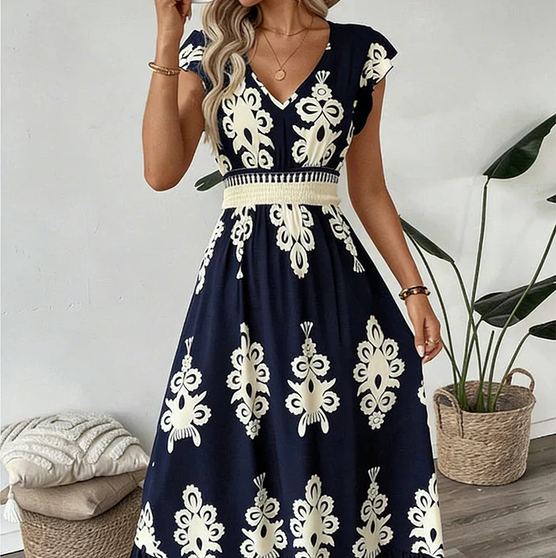 Vera | Elegantes Festliches Kleid für Damen – Fließendes Midi mit V-Ausschnitt und Allover-Print 6