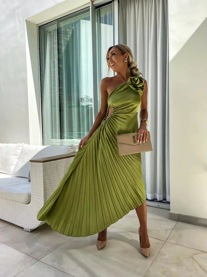 Zaria | Festliche Kleider Damen One-Shoulder Plissee Midi Hochzeitsgast Kleid 2