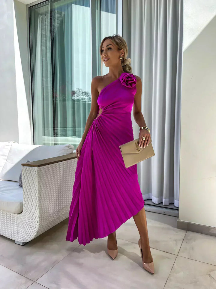Zaria | Festliche Kleider Damen One-Shoulder Plissee Midi Hochzeitsgast Kleid 6