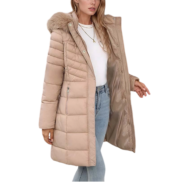 Chevronwarm | Longline Puffer Coat mit Pelzkapuze