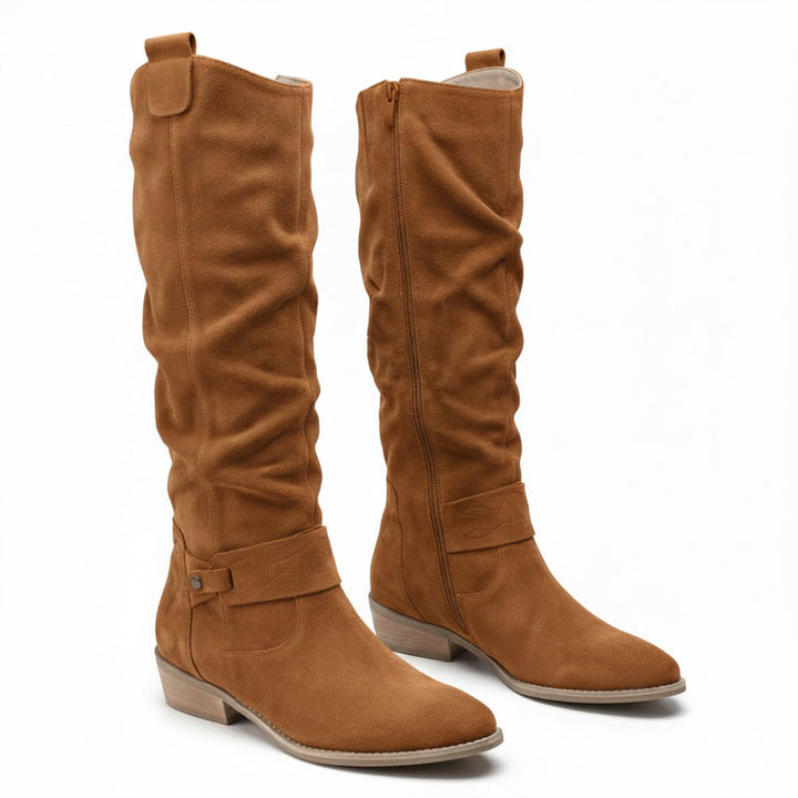 Zara | Elegante kniehohe Slouch-Stiefel mit niedrigem Blockabsatz