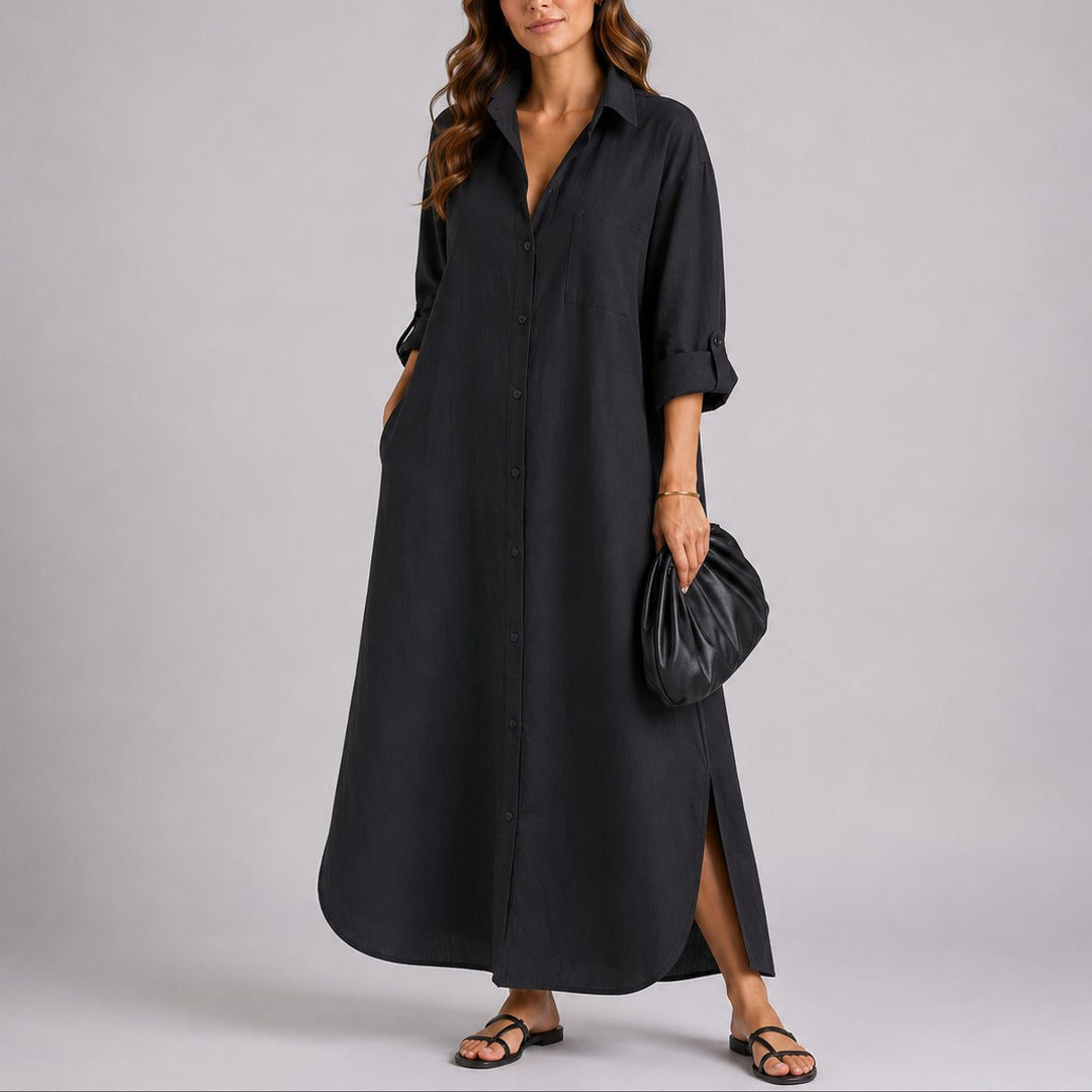 Klara | Müheloses Herbst-Hochzeits Maxikleid aus Leinen mit Knopfleiste