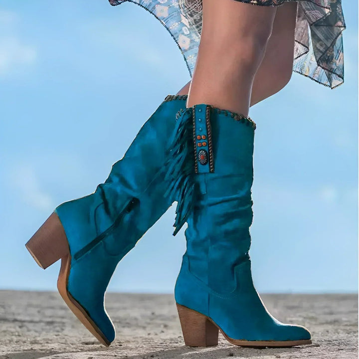 Marina | Boho kniehohe Wildlederstiefel mit Fransen und Türkisdetails