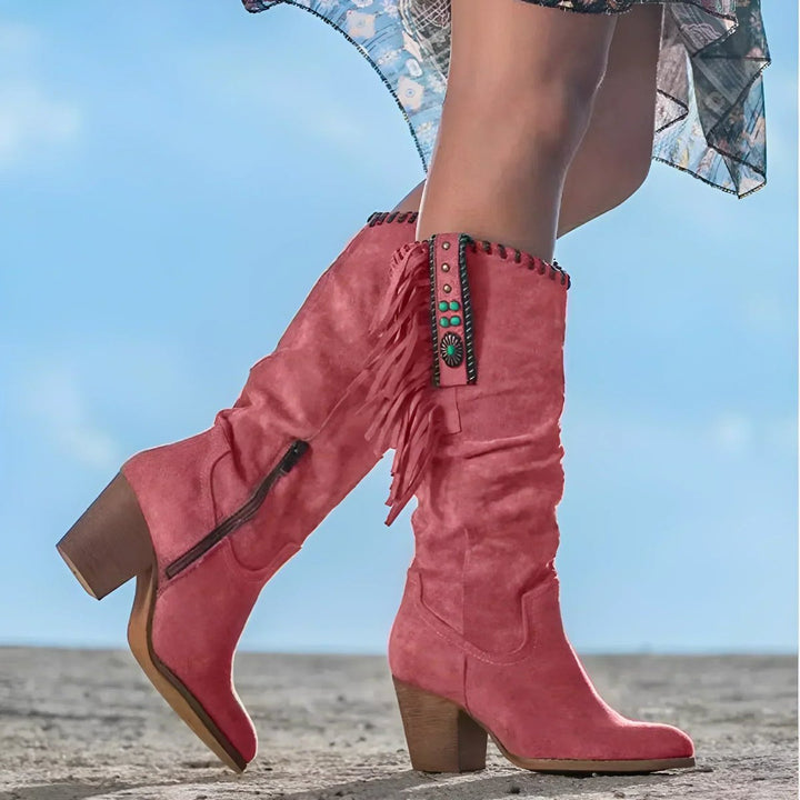 Marina | Boho kniehohe Wildlederstiefel mit Fransen und Türkisdetails