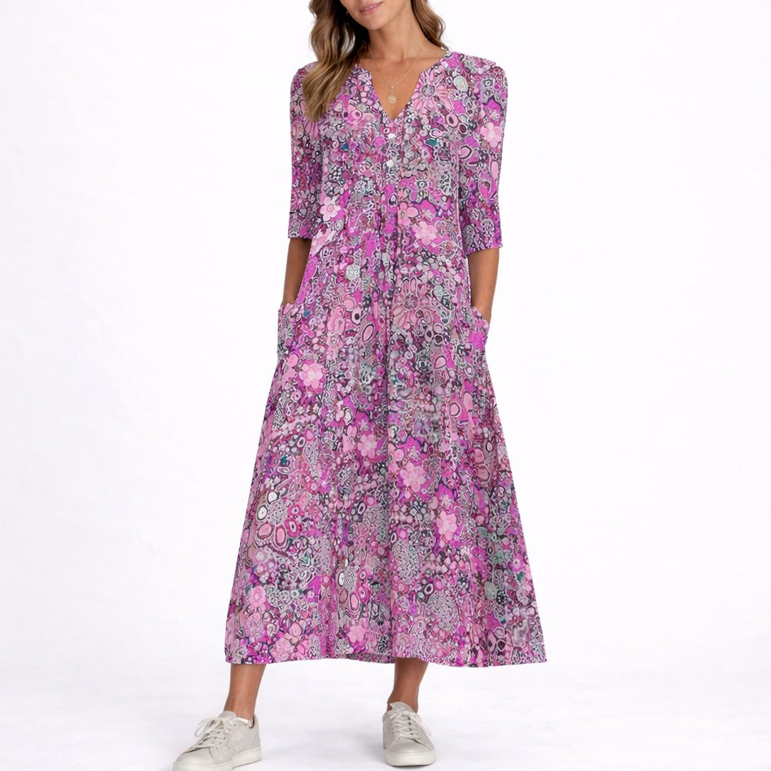 Clara | Florales Herbst-Hochzeitskleid Mit V-Ausschnitt Und Midi-Länge
